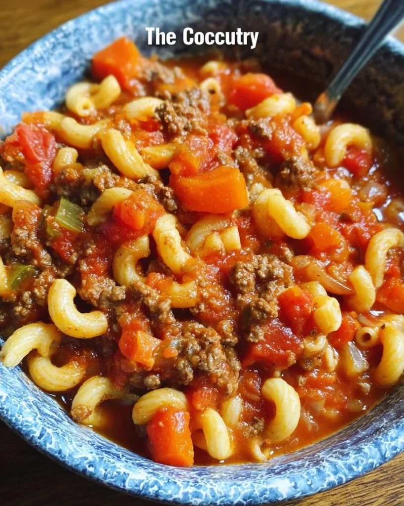 A delicious bowl of Crock-Pot American Goulash with pasta, meat, and sauce.