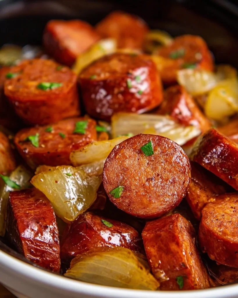 Crock Pot Mississippi Beef Kielbasa dish served in a bowl with garnish