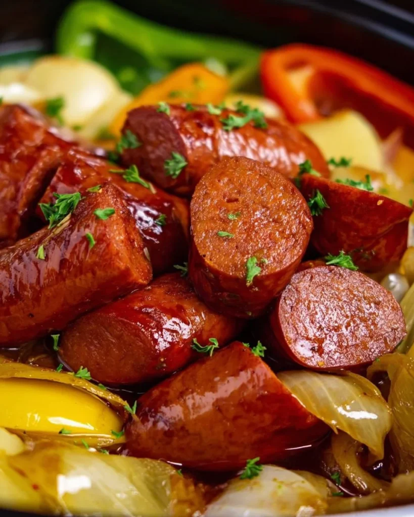 Crock Pot Mississippi Beef Sausage served with sides on a wooden table