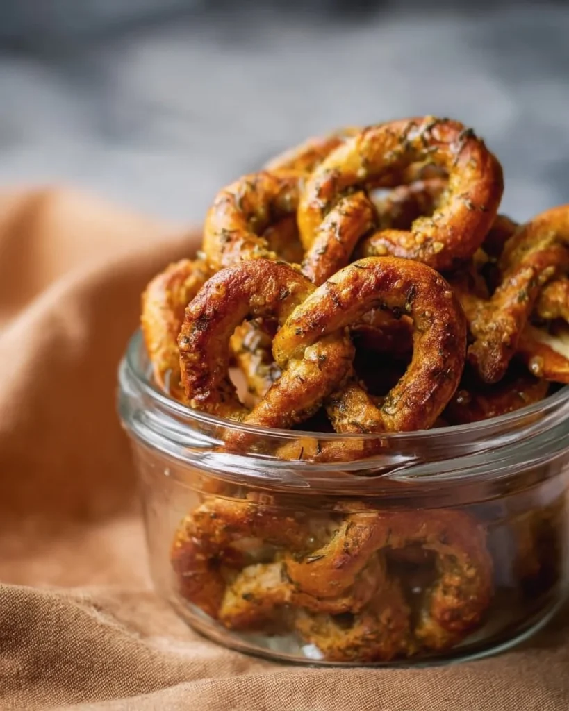 A bowl of dill pickle seasoned pretzels ready to be enjoyed as a snack.