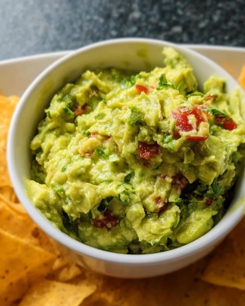 Bowl of easy guacamole made with fresh avocados and spices.