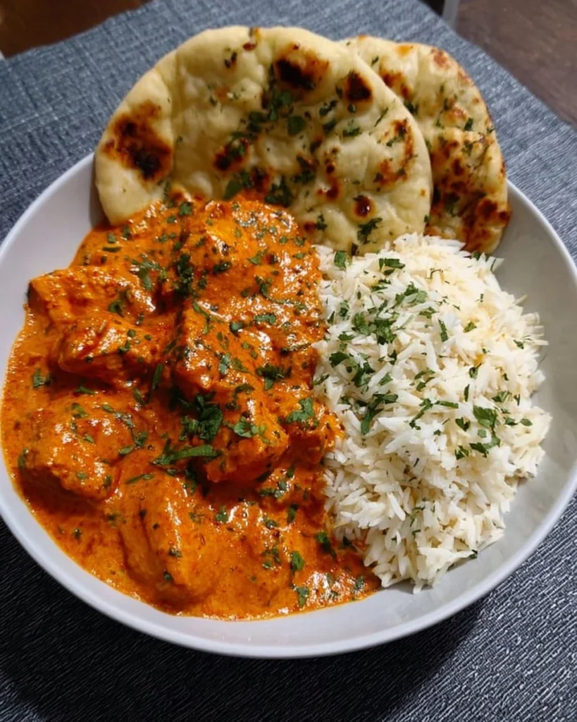 Delicious easy homemade butter chicken served with rice and herbs.