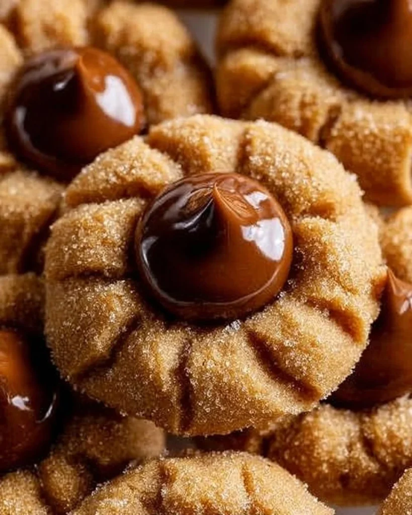 Plate of freshly baked easy peanut butter blossoms cookies topped with chocolate