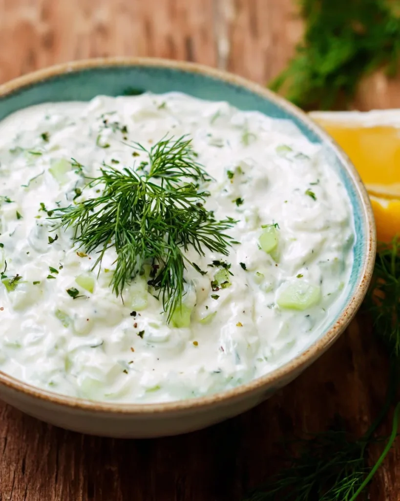 Bowl of easy vegan tzatziki with cucumbers and herbs