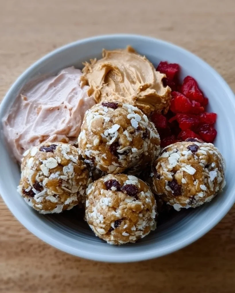 Homemade energy bites on a wooden table, perfect snack for energy boost.