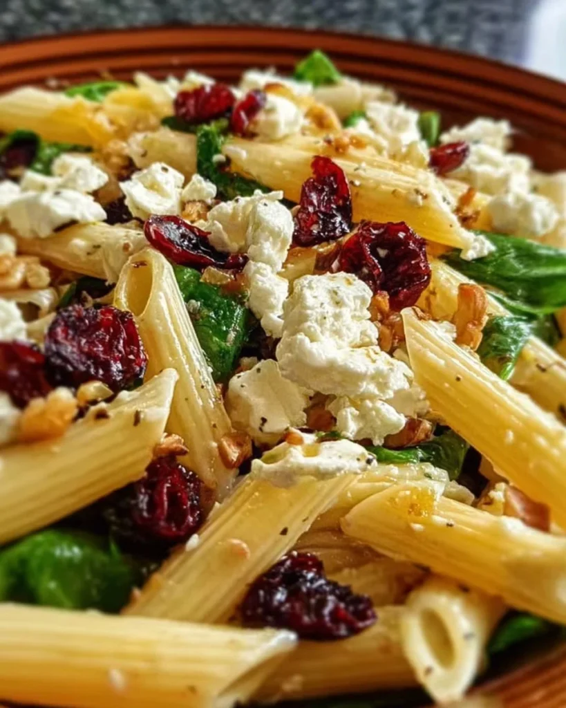 Feta and cranberry penne salad served with orange vinaigrette in a bowl.