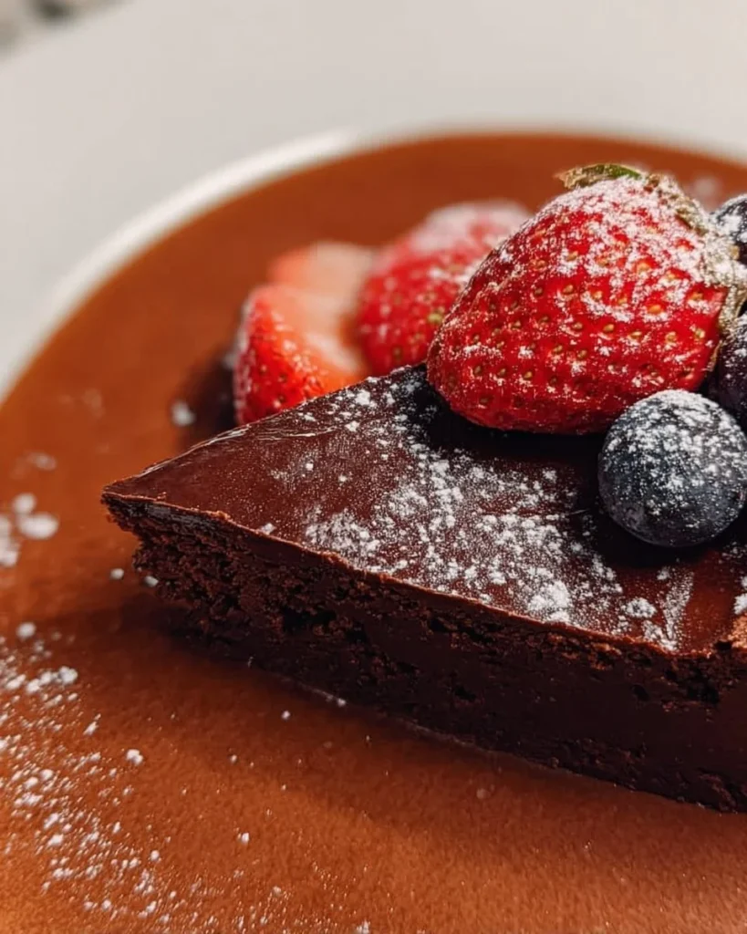 Decadent Flourless Chocolate Cake topped with chocolate ganache and berries