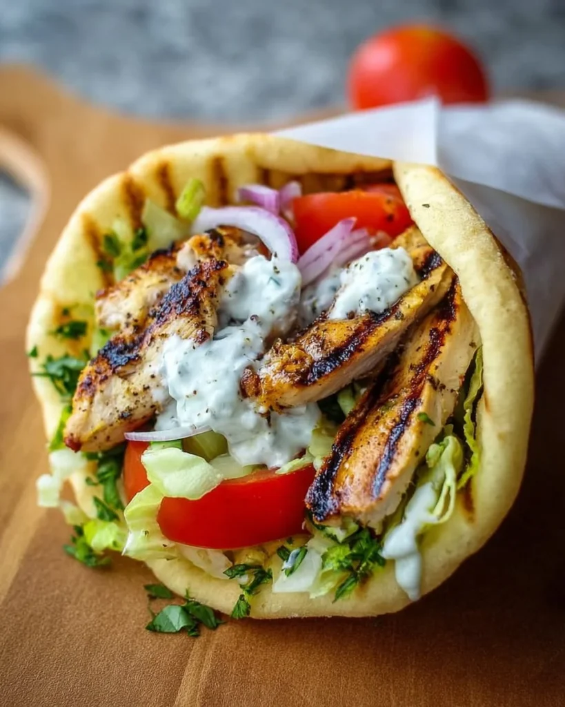 Delicious Greek chicken gyros with fresh vegetables and tzatziki sauce in pita bread
