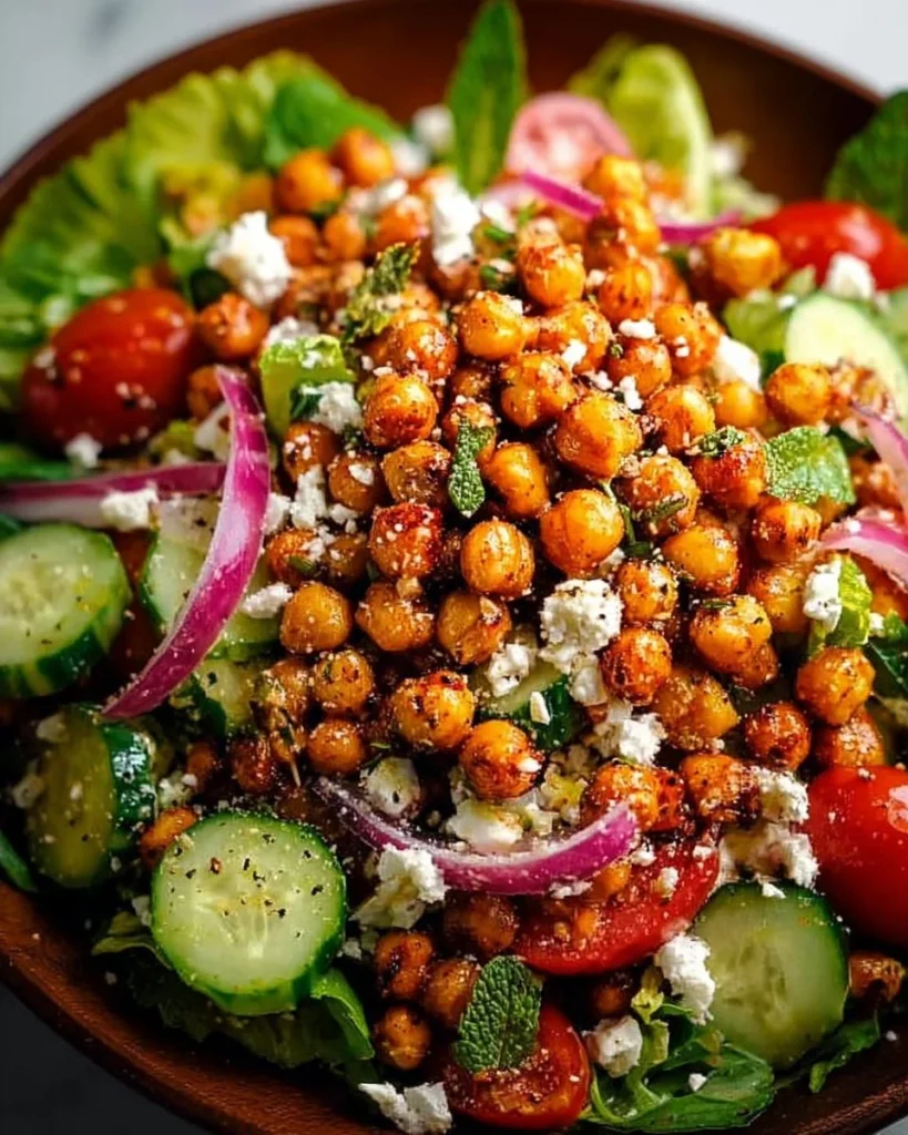 Greek Roasted Chickpea Salad with fresh vegetables and herbs