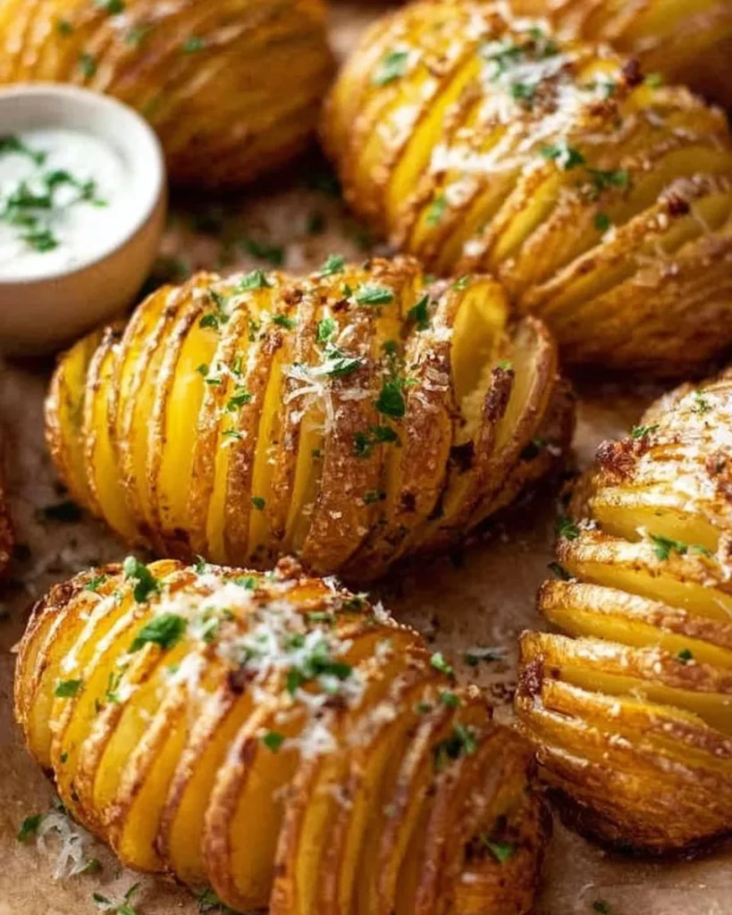 Oven-baked Hasselback Potatoes topped with herbs and spices.