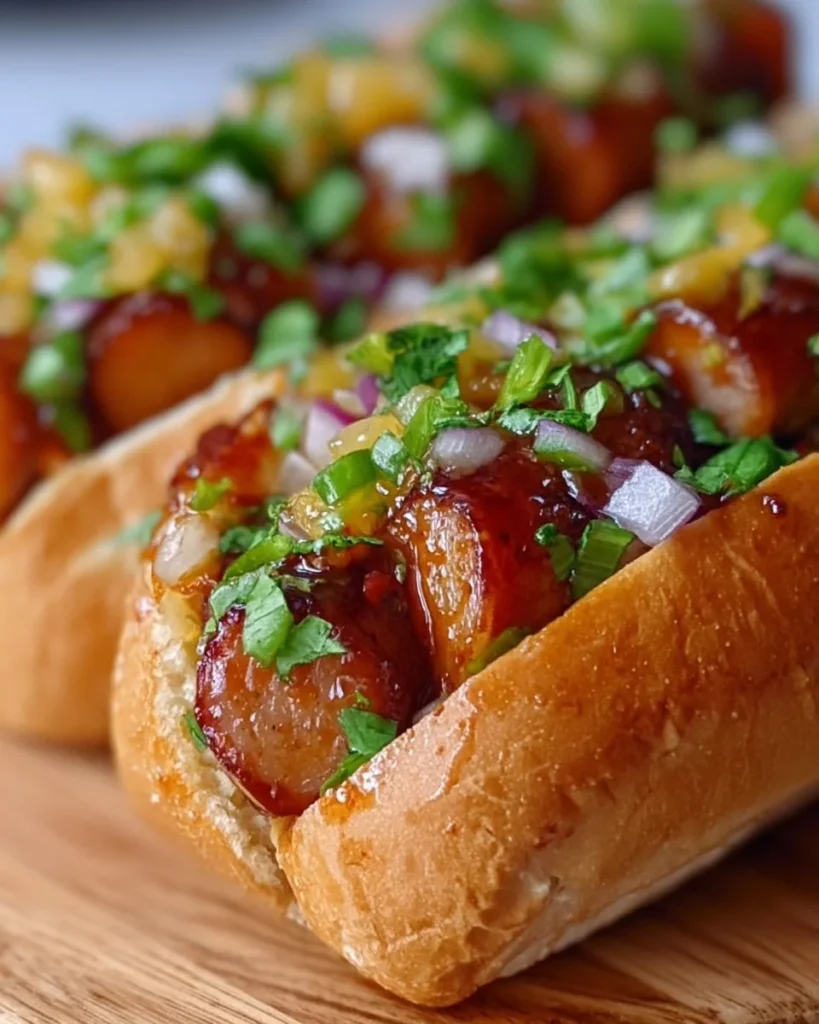 Delicious Hawaiian Chicken Sausage Sandwich served with pineapple and fresh toppings.