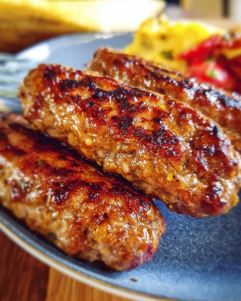 Plate of homemade beef breakfast sausage links served with eggs and toast
