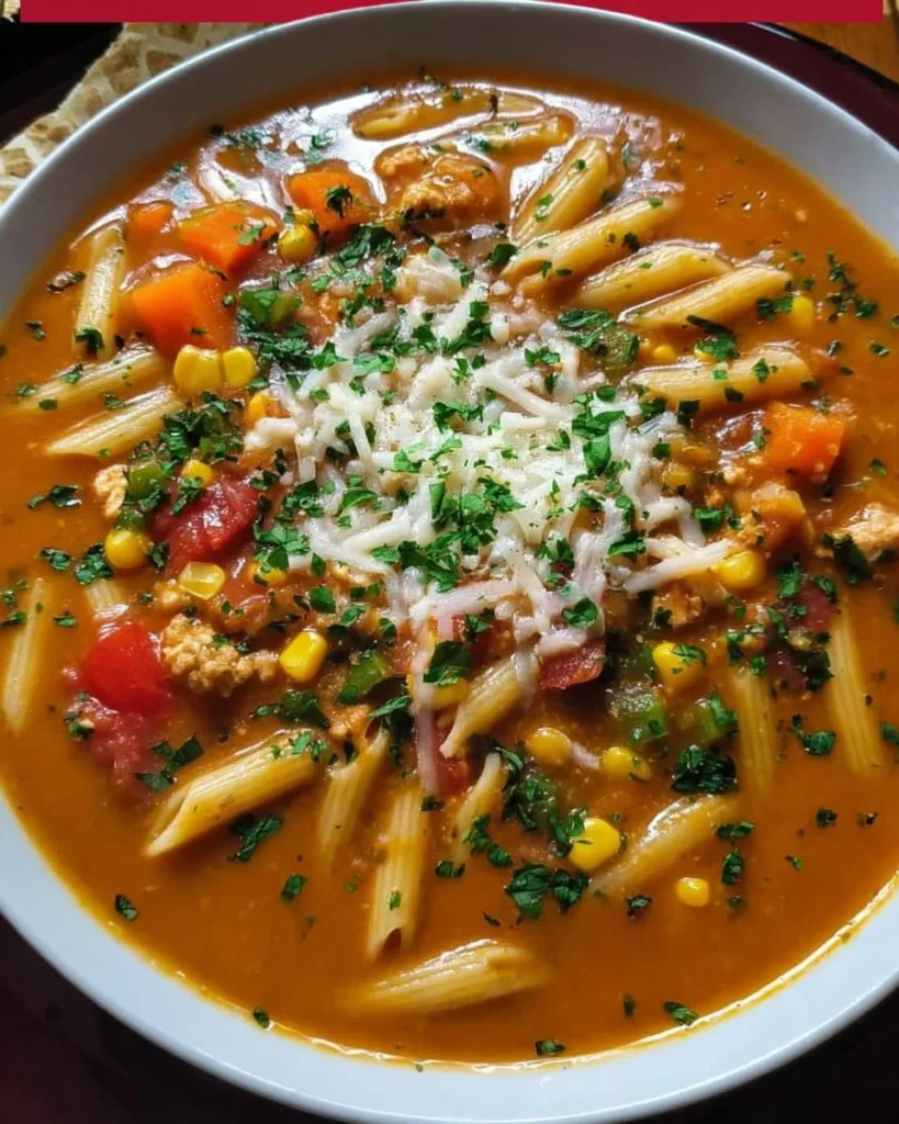 Homemade pasta soup in a bowl with fresh herbs and vegetables