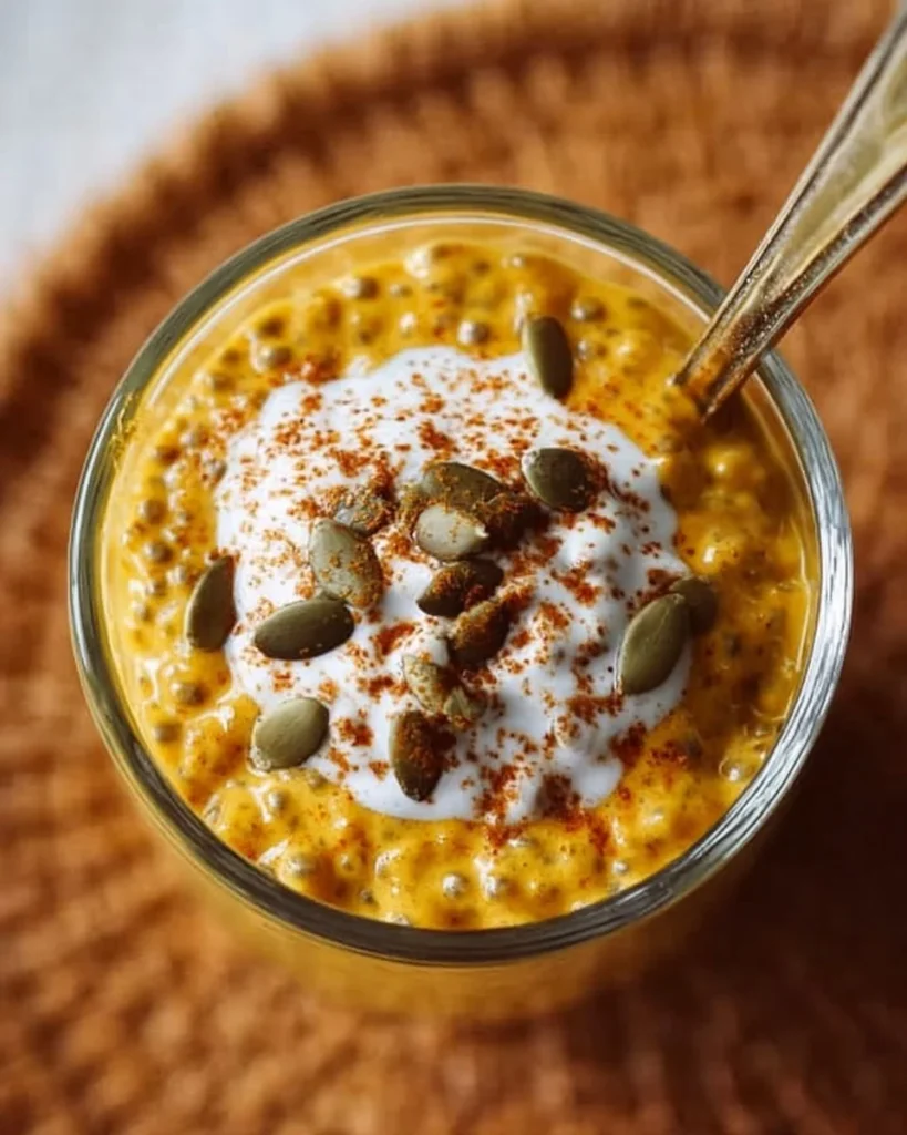A bowl of homemade pumpkin chia seed pudding topped with nuts and spices