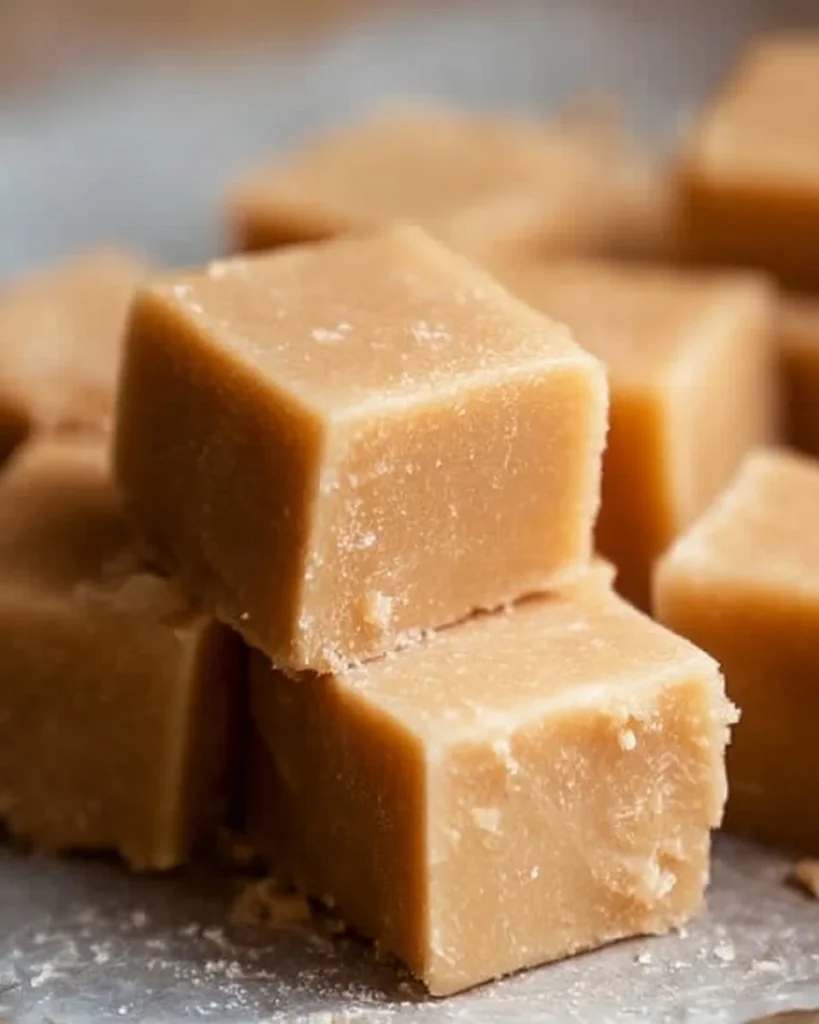 Delicious homemade vanilla fudge cut into squares on a decorative plate.