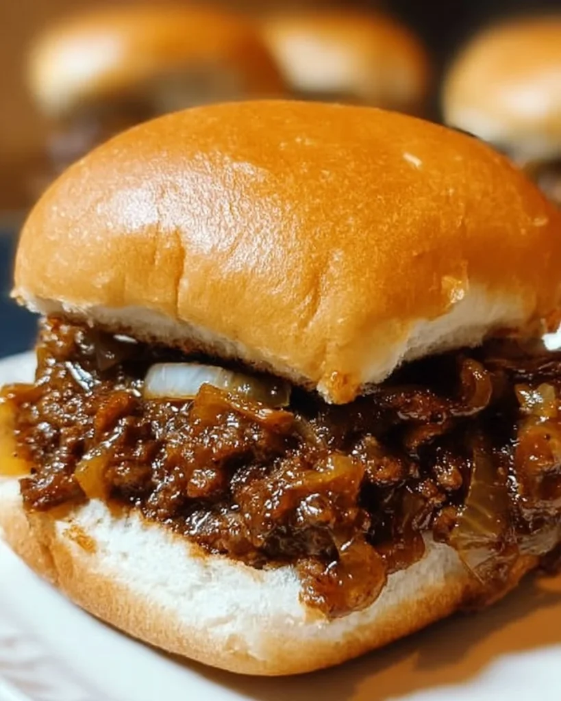 Plate of irresistible French Onion Beef Sloppy Joes topped with melted cheese