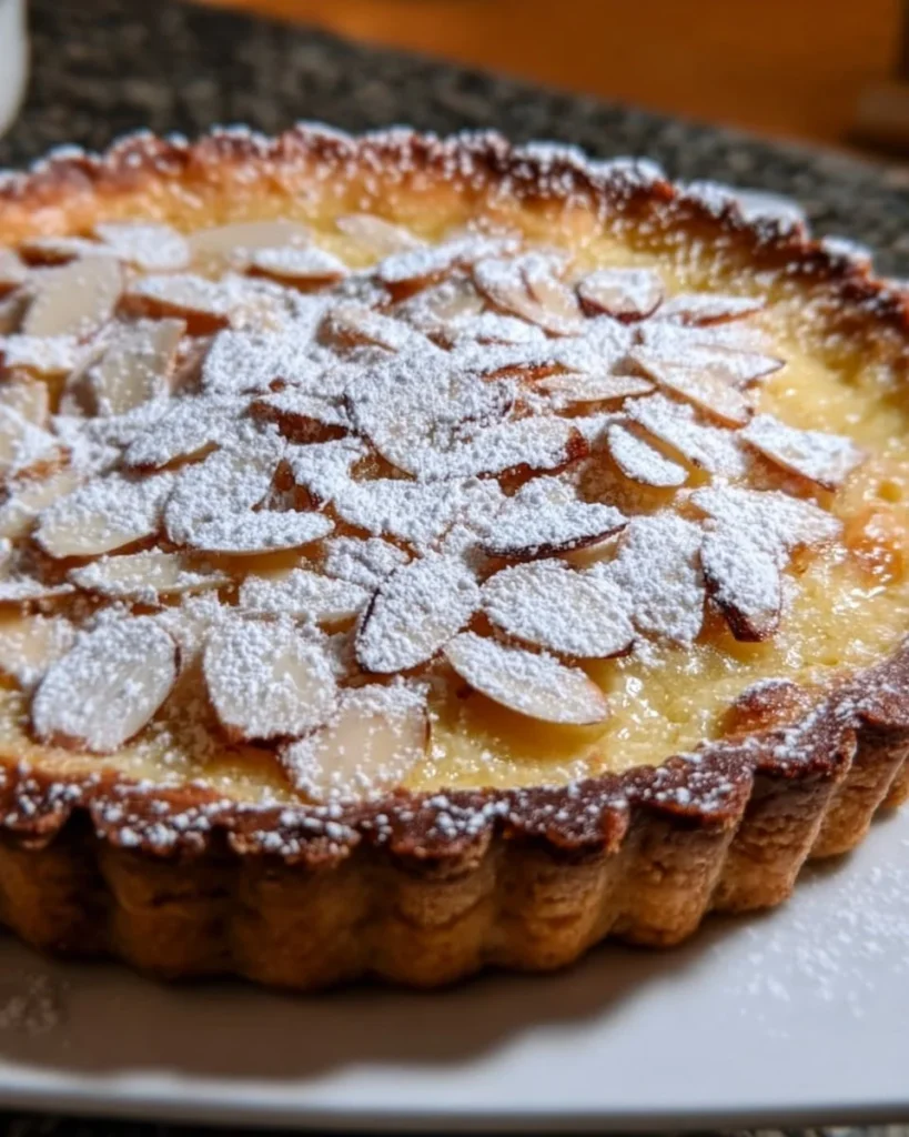 Slice of Italian Ricotta Almond Tart with almonds on top