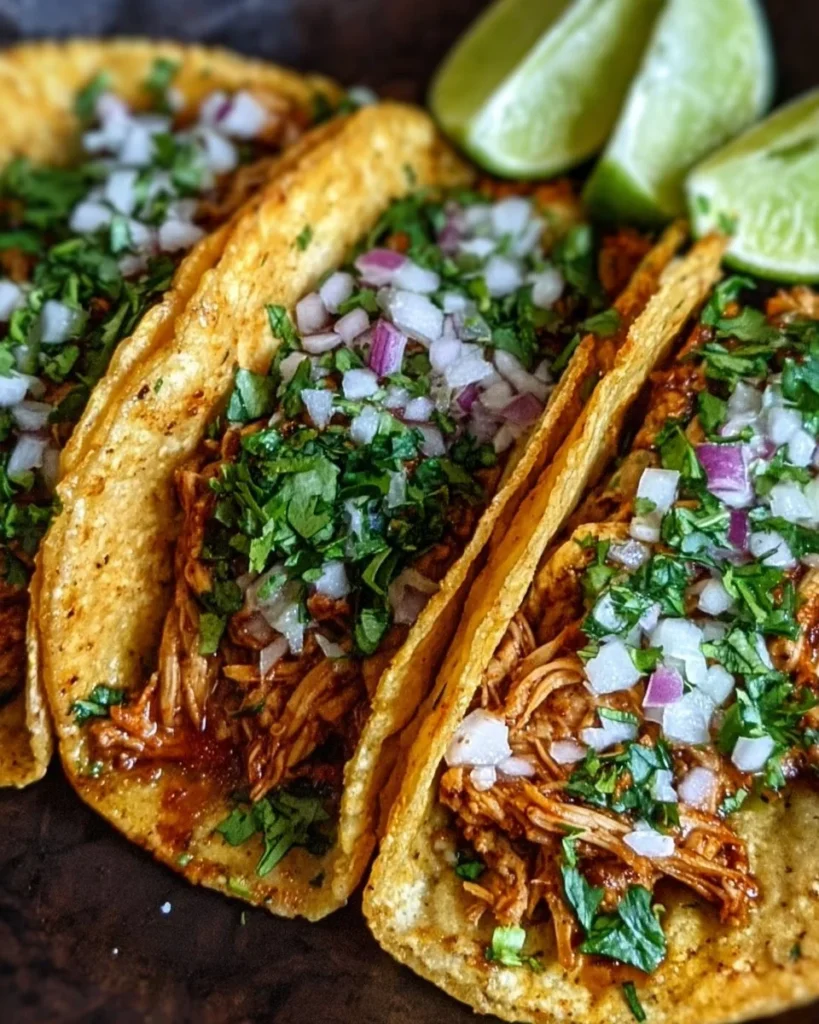 Plate of juicy chicken birria tacos garnished with fresh cilantro and lime