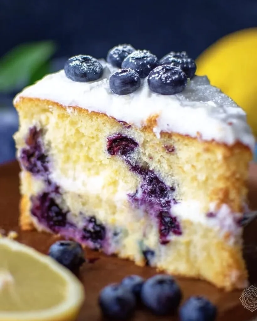 A slice of Lemon Blueberry Cake topped with fresh blueberries and lemon zest