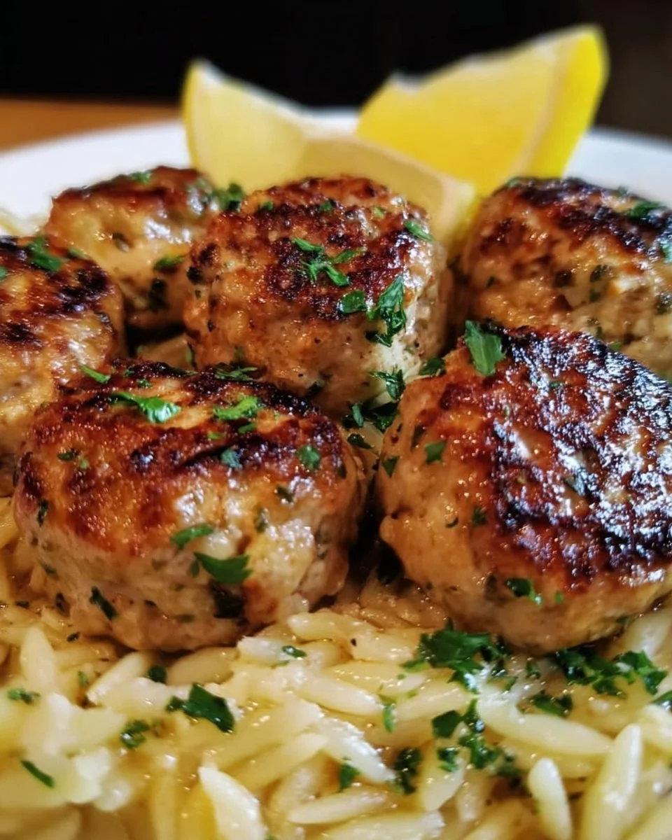 Lemon Chicken Ricotta Meatballs with Garlic Orzo