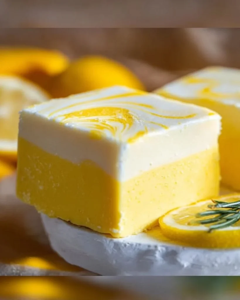 Lemon fudge delight dessert with a glossy finish and lemon zest on top.