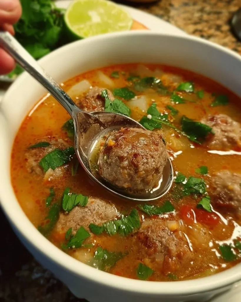Bowl of hearty meatball soup with fresh ingredients and herbs.