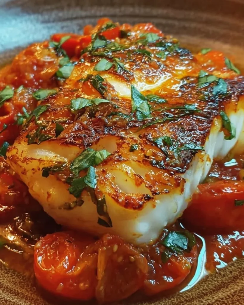 Mediterranean Cod fillet in a rich tomato basil sauce served on a plate