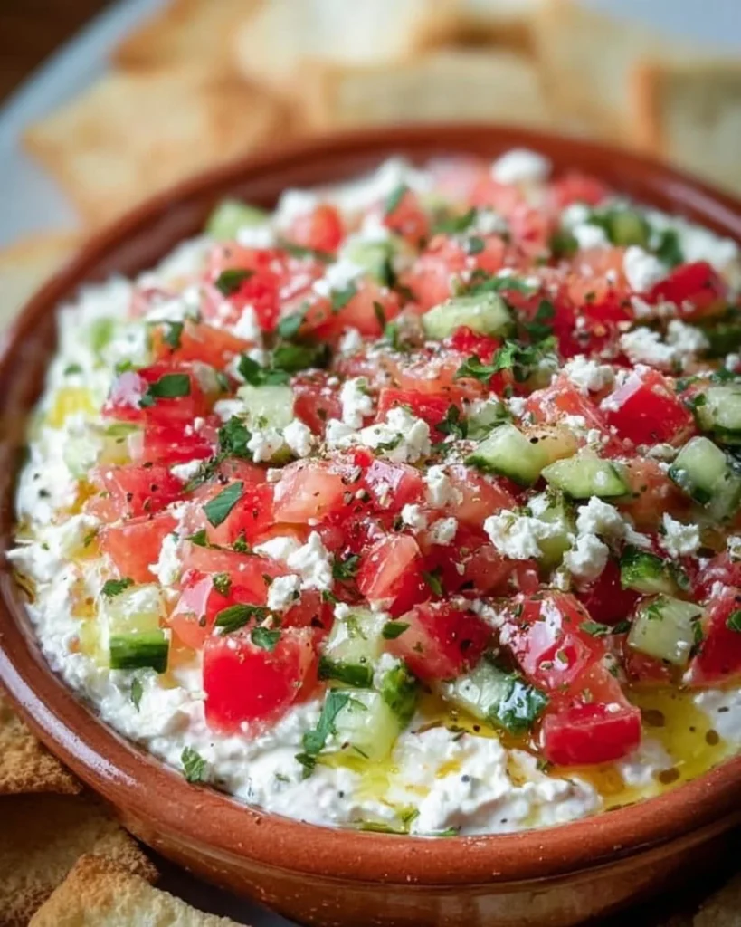 Creamy Mediterranean feta dip served with fresh vegetables and pita bread.