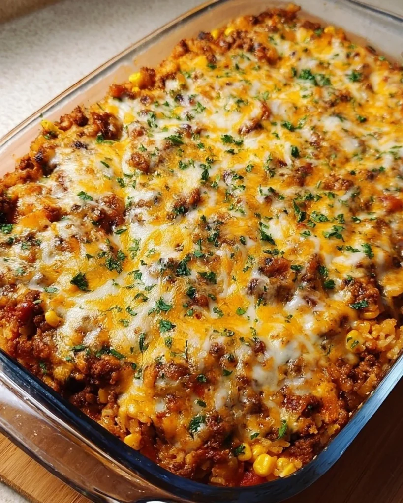 Delicious Mexican ground turkey casserole served in a baking dish
