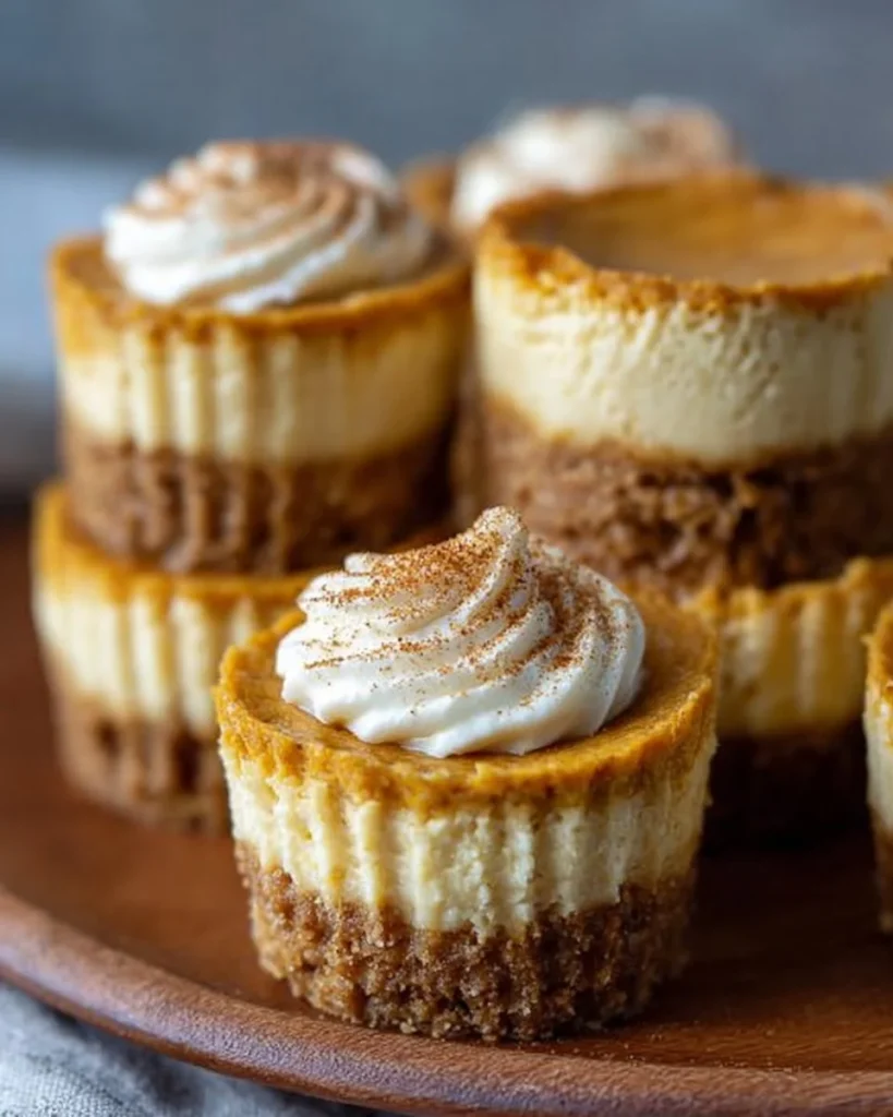 Mini pumpkin cheesecakes topped with whipped cream and spices.