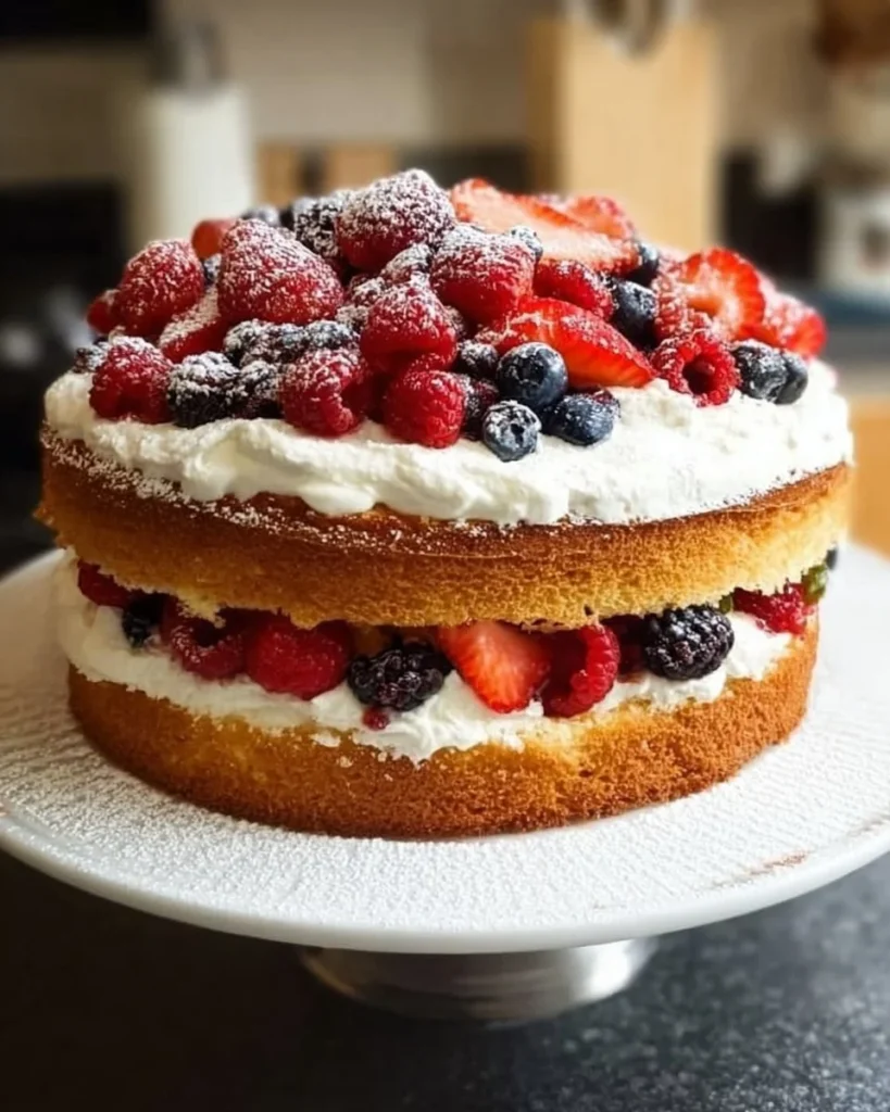 Mixed Berry and Cream Sponge Cake with fresh berries and whipped cream