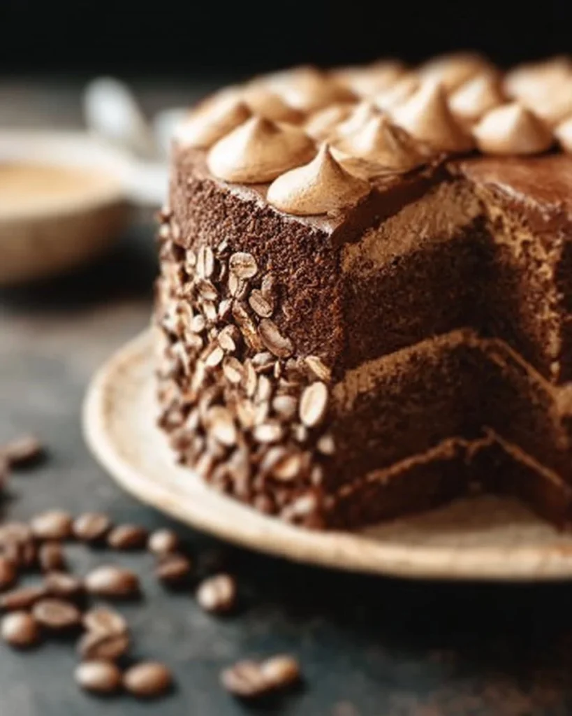 Delicious mocha espresso cake topped with creamy icing and coffee beans