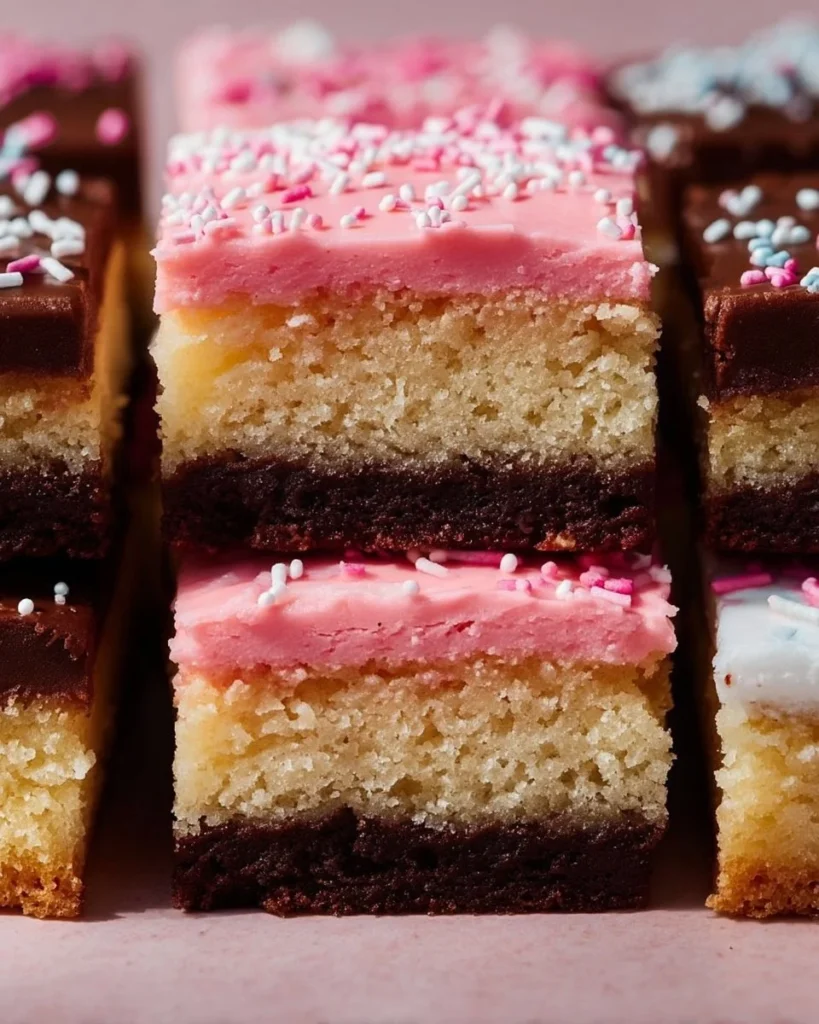 Neapolitan sugar cookie bars with chocolate, vanilla, and strawberry layers