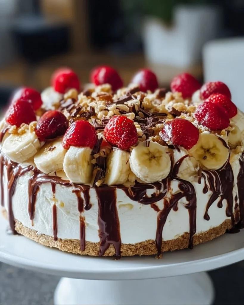 No-bake banana split cheesecake topped with bananas, chocolate, and whipped cream.