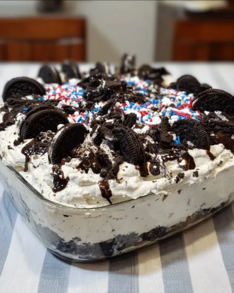 Delicious No Bake Oreo Cheesecake topped with crushed Oreos