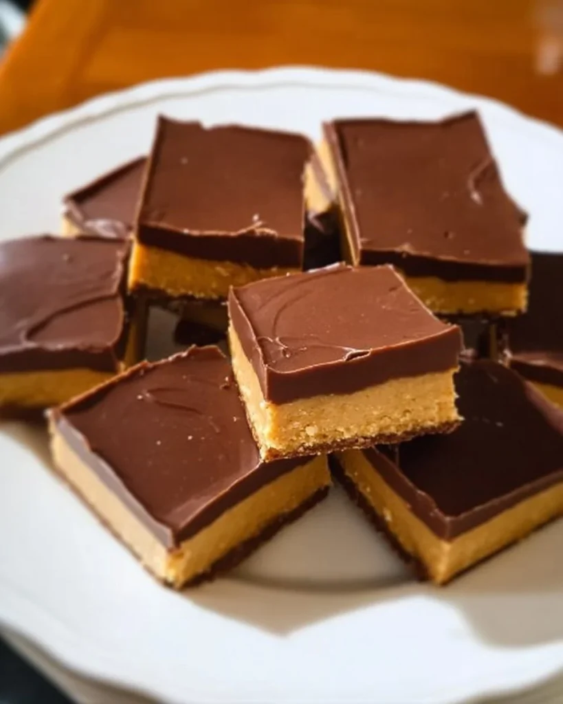 No-bake peanut butter bars topped with chocolate chips on a plate.