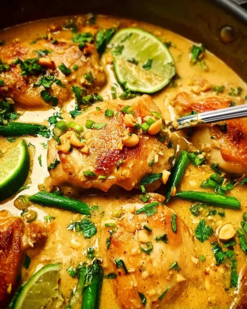 One pan coconut lime chicken garnished with fresh herbs and lime slices.