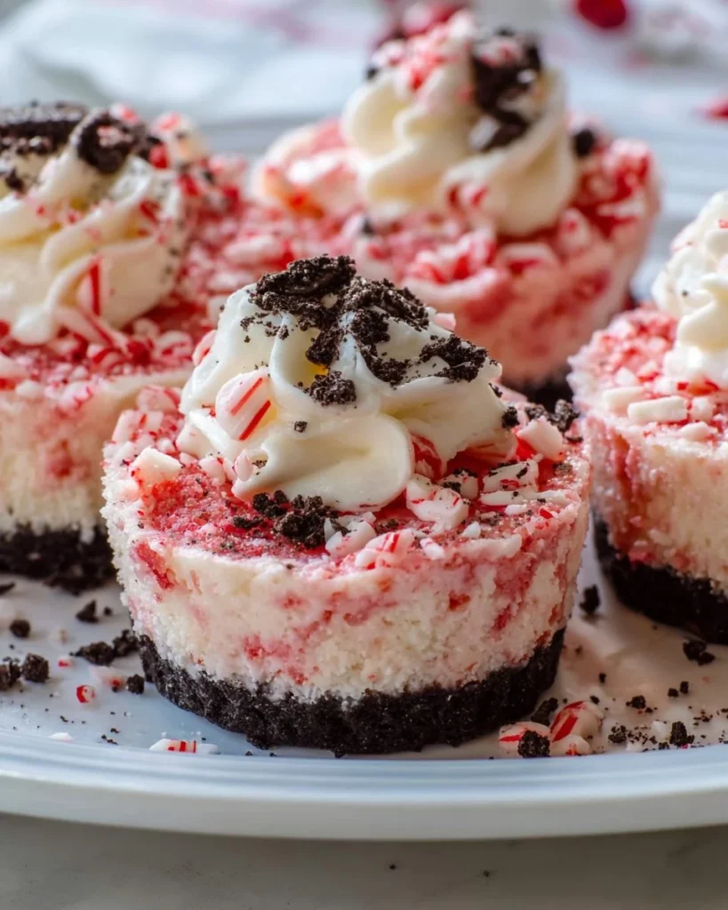 Delicious Oreo Peppermint Mini Cheesecakes topped with crushed Oreos and mint