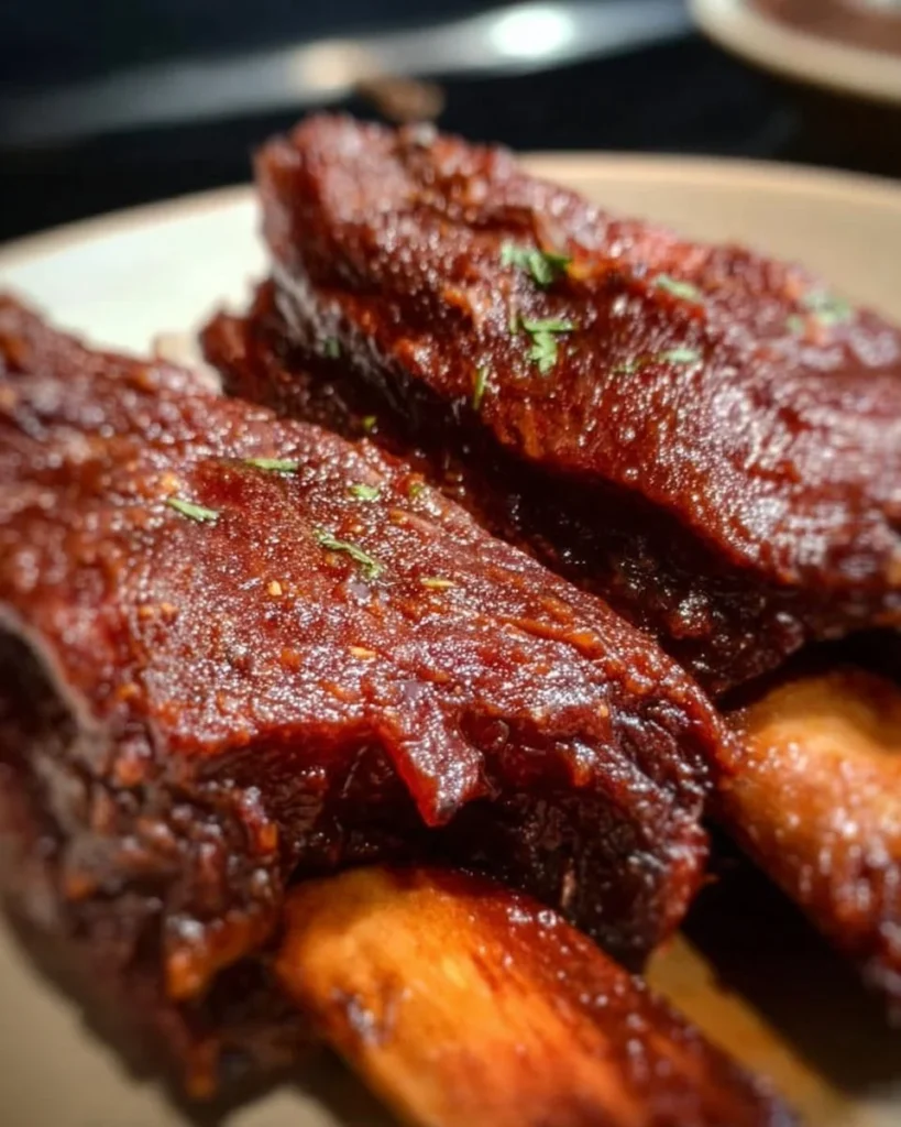 Oven roasted beef ribs on a serving platter with garnishes