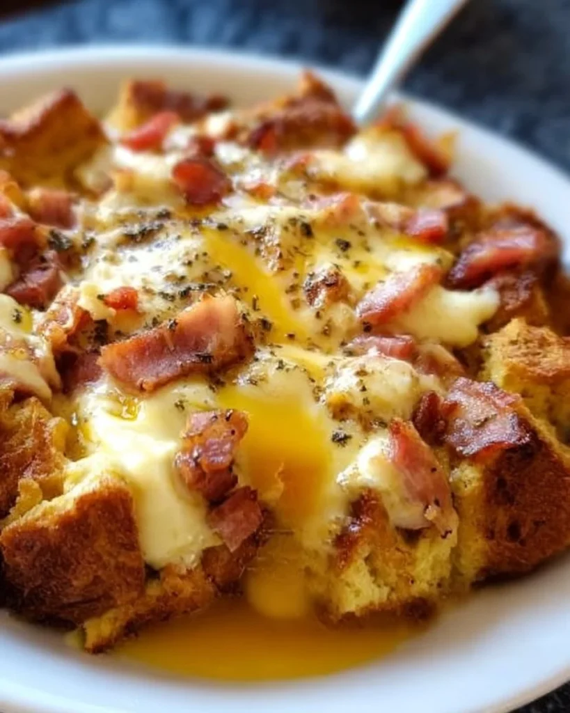 Delicious Overnight Eggs Benedict Casserole topped with creamy hollandaise sauce