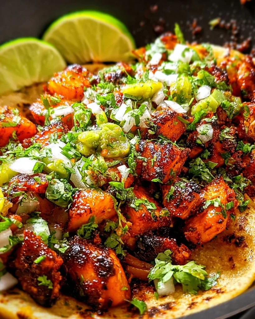 Plate of flavorful Pastor Chicken served with fresh toppings.