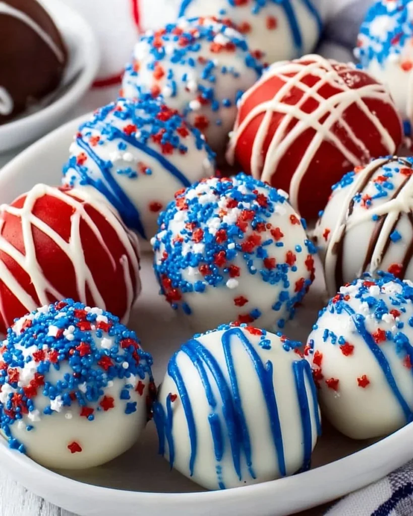 Patriotic Oreo Balls decorated in red, white, and blue for festive celebrations