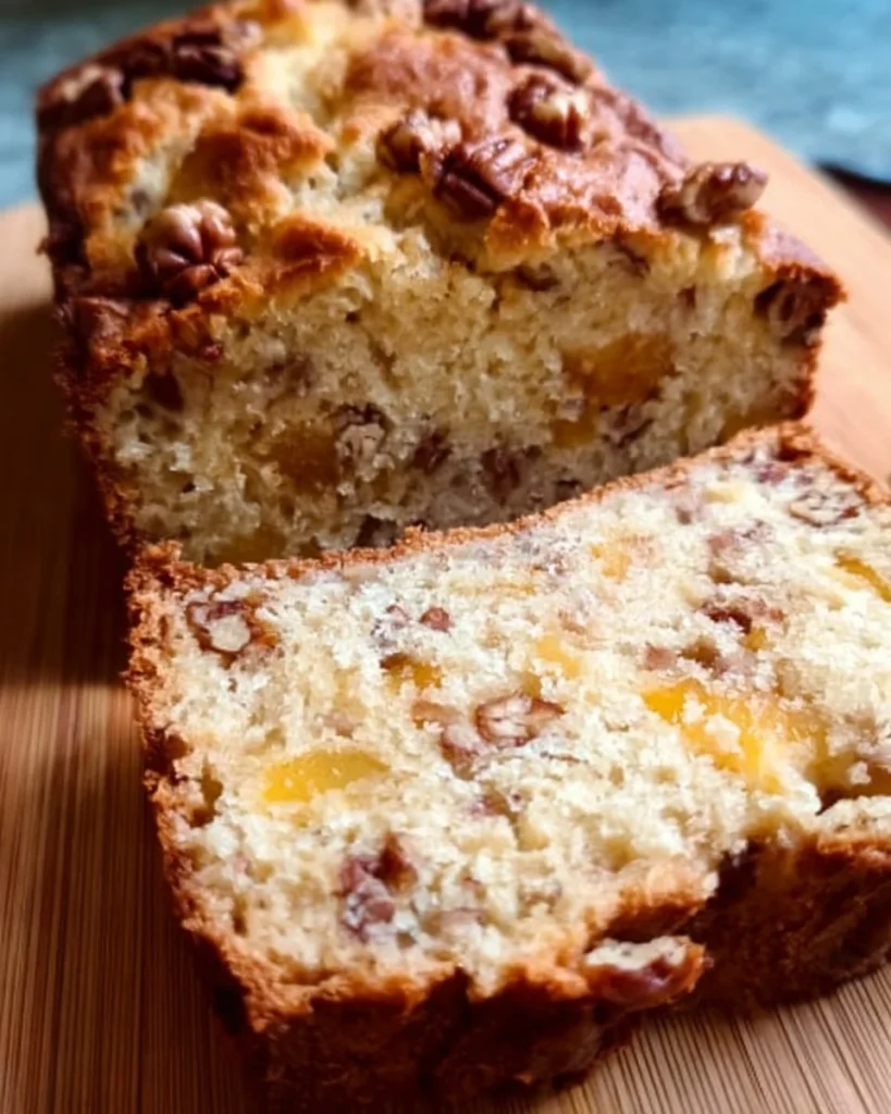 Freshly baked Peach Pecan Bread with peaches and pecans