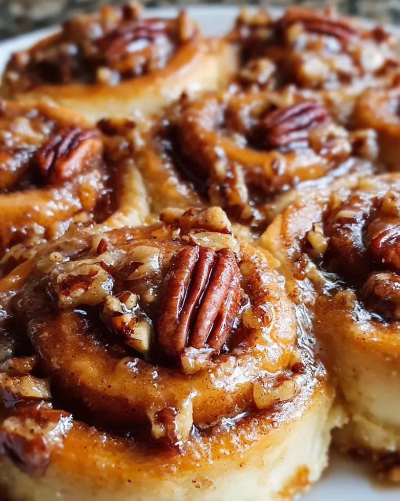 Delicious pecan pie cinnamon rolls drizzled with icing on a plate