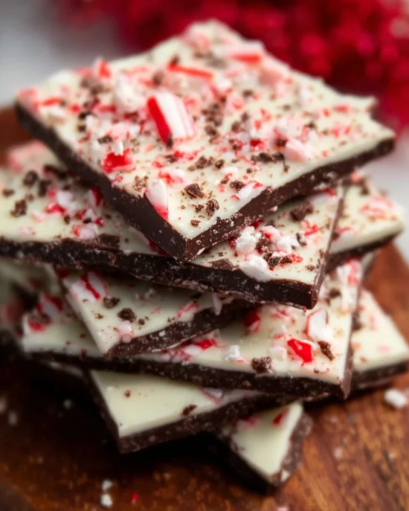 Homemade peppermint bark with layers of dark and white chocolate topped with crushed peppermint.