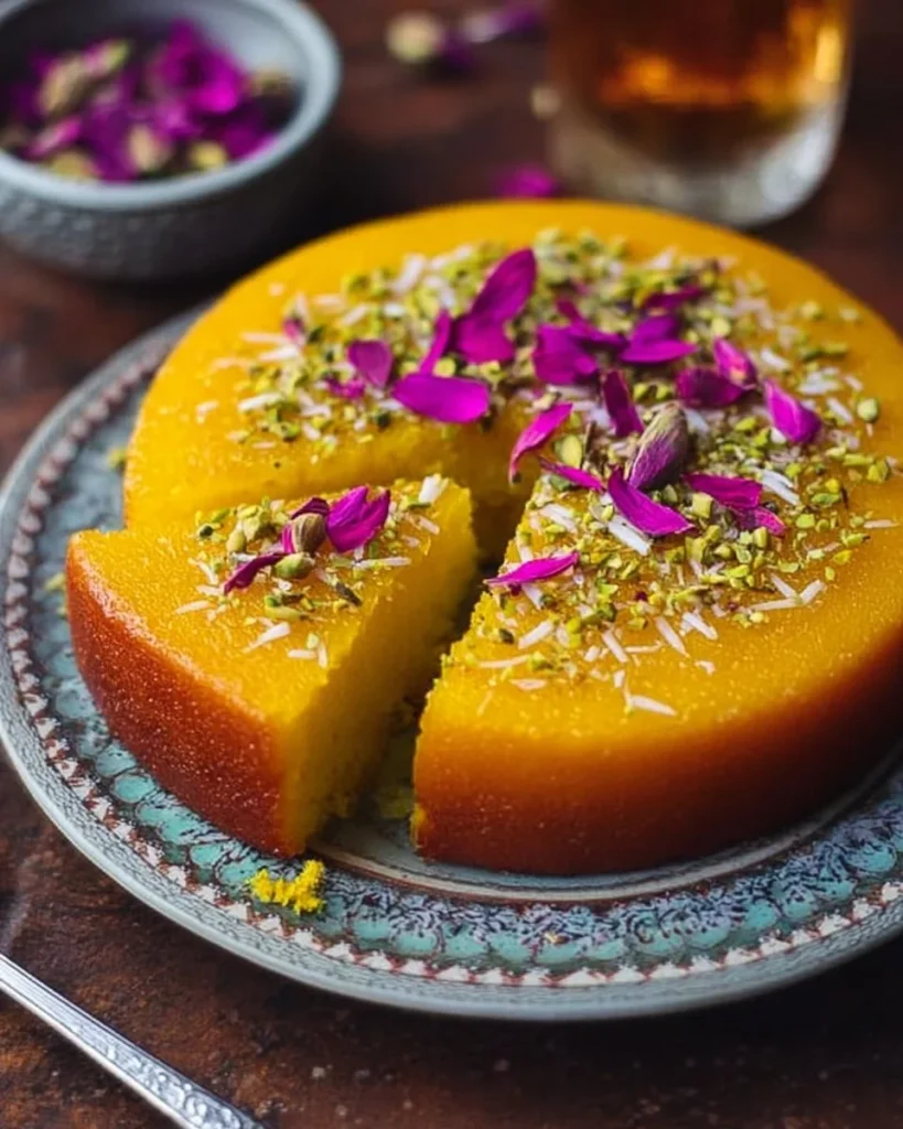 Delicious Persian Saffron Cake garnished with pistachios and saffron strands