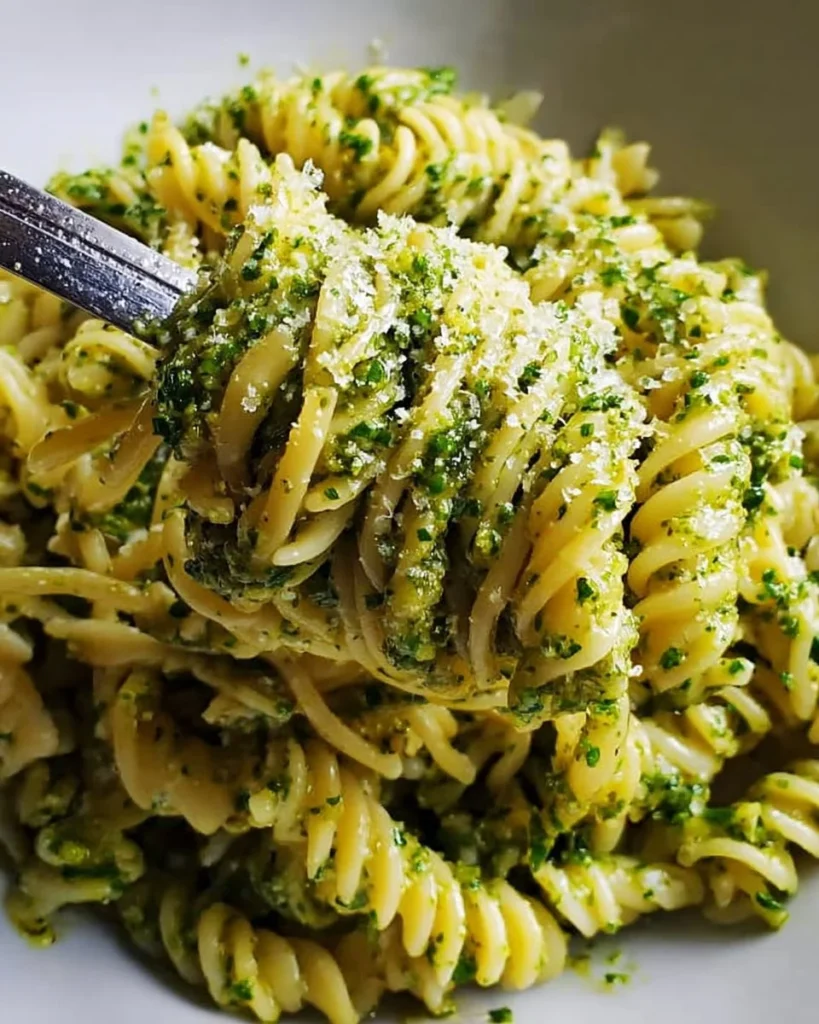 Bowls of delicious pesto pasta topped with fresh basil and pine nuts.