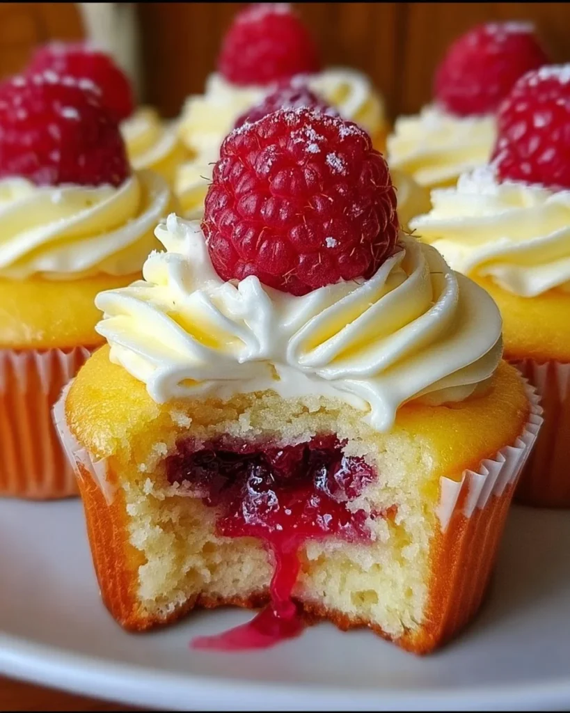 Delicious Raspberry Lemon Cupcakes topped with frosting and fresh raspberries.