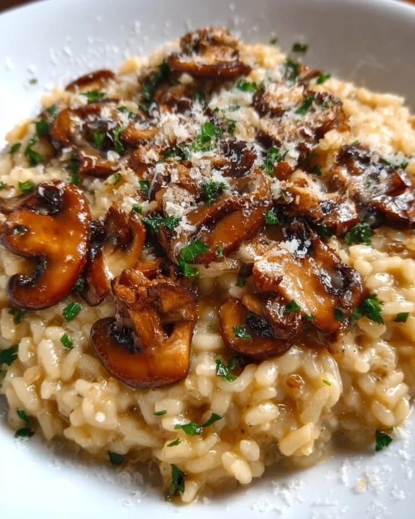Delicious risotto with mushrooms garnished with herbs in a bowl