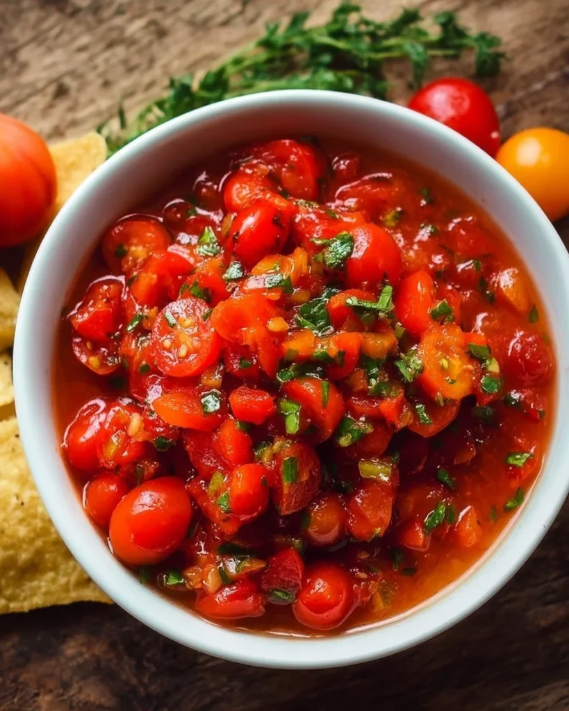 Roasted cherry tomato salsa served in a bowl with fresh herbs